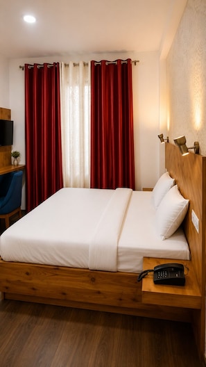 Een hotelkamer met een houten bed, een bedtelefoon en een bureau met stoel.