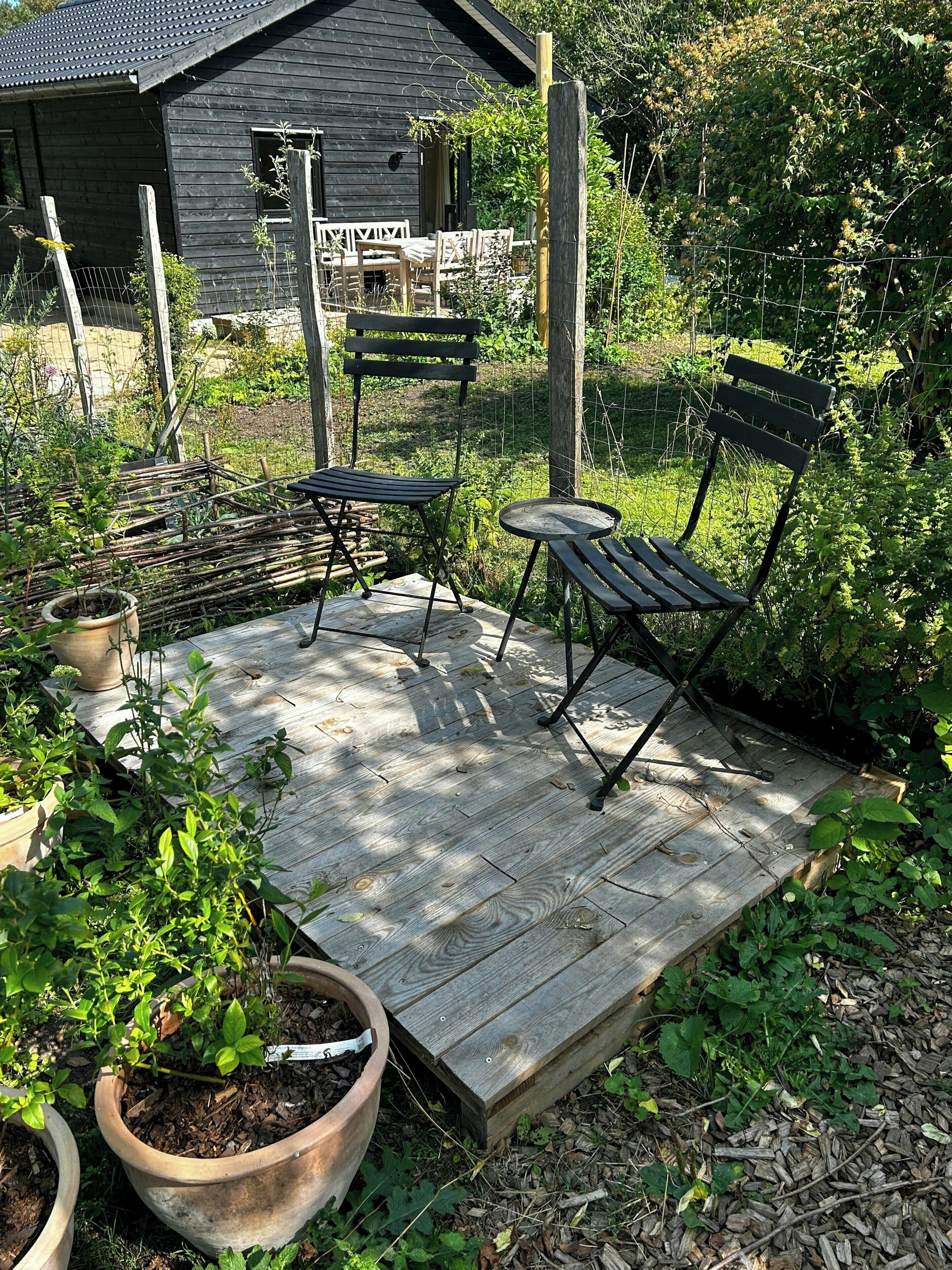 A wooden deck with outdoor furniture, surrounded by greenery and a house in the background.