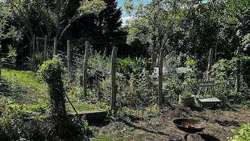 En have med en jordsti, et træhegn og forskellige planter.