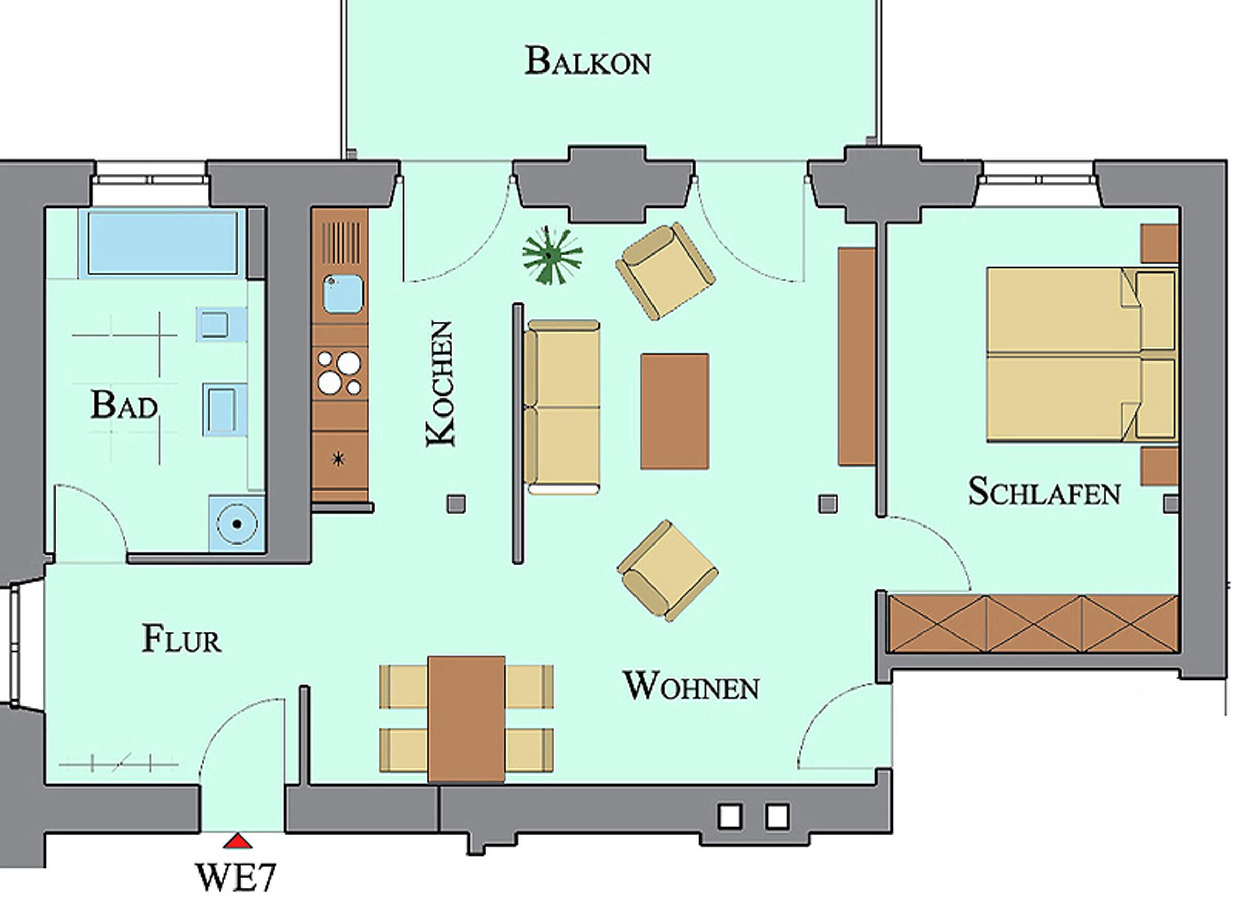 A floor plan with a balcony, kitchen, living room, dining area, and bedrooms.
