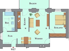 A floor plan with a balcony, kitchen, living room, dining area, and bedrooms. - Vacation Rental: 65 square meters, separate bedroom and balcony, Apt. 7 (Aschau im Chiemgau)