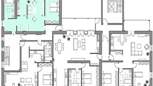Ein Hotelgrundriss mit mehreren Zimmern, einer Küchenzeile und einem Essbereich.