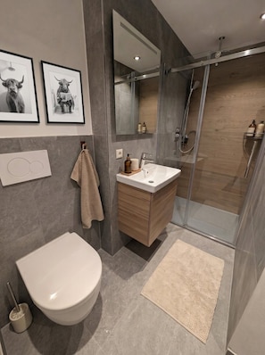 A modern bathroom with a toilet, sink, and shower. There are framed pictures on the wall and a towel rack. - "In de Berg" Rental, 1–2 people, shower/toilet, Wi-Fi (Ramsau bei Berchtesgaden)