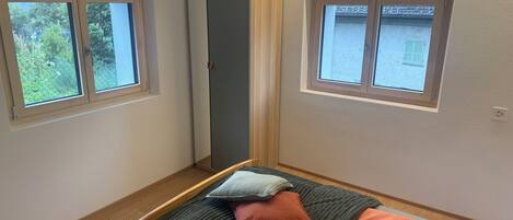 A bedroom with a bed, two windows, a wardrobe, and a door.