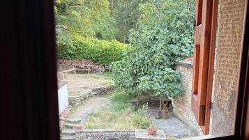 Una vista attraverso una finestra con cornice in legno, che mostra un giardino con un muro in pietra, una panchina di legno e diverse piante.