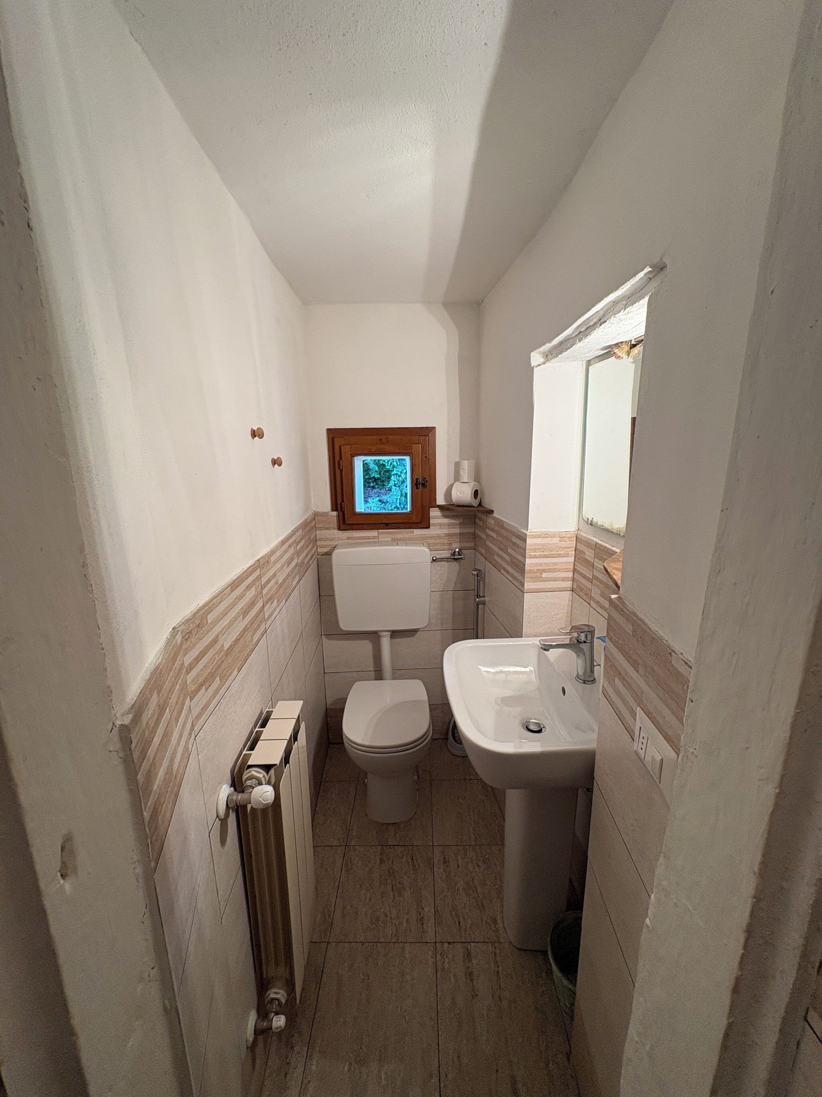 Un bagno piccolo con il water, un lavandino e uno specchio.