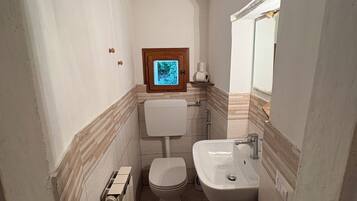 Un bagno piccolo con il water, un lavandino e uno specchio.