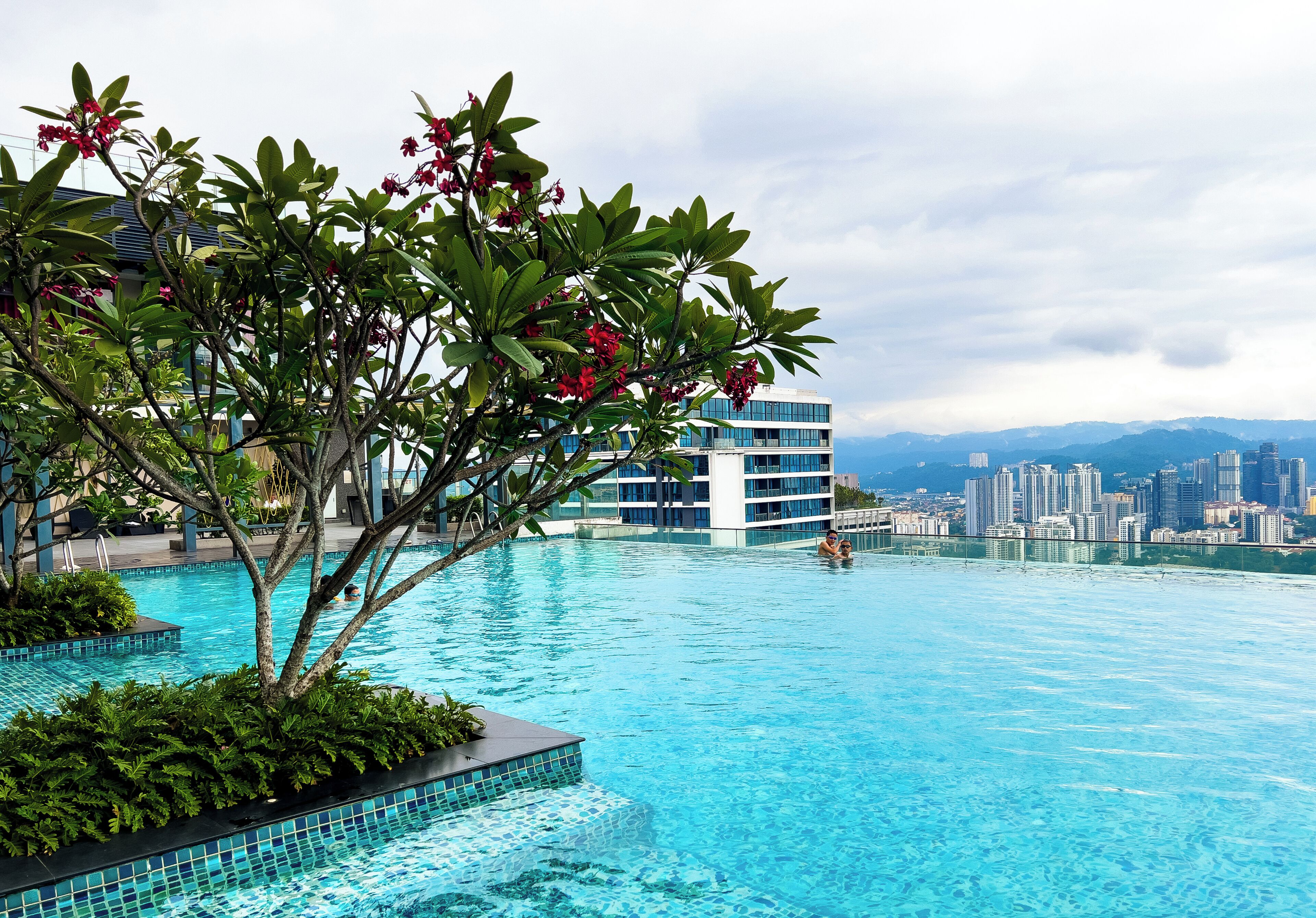A swimming pool with a cityscape view, surrounded by greenery and modern buildings.
