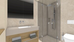A modern bathroom with a glass-enclosed shower, a sink, and a toilet.