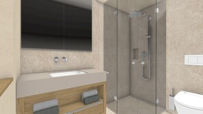 A modern bathroom with a glass-enclosed shower, a sink, and a toilet.
