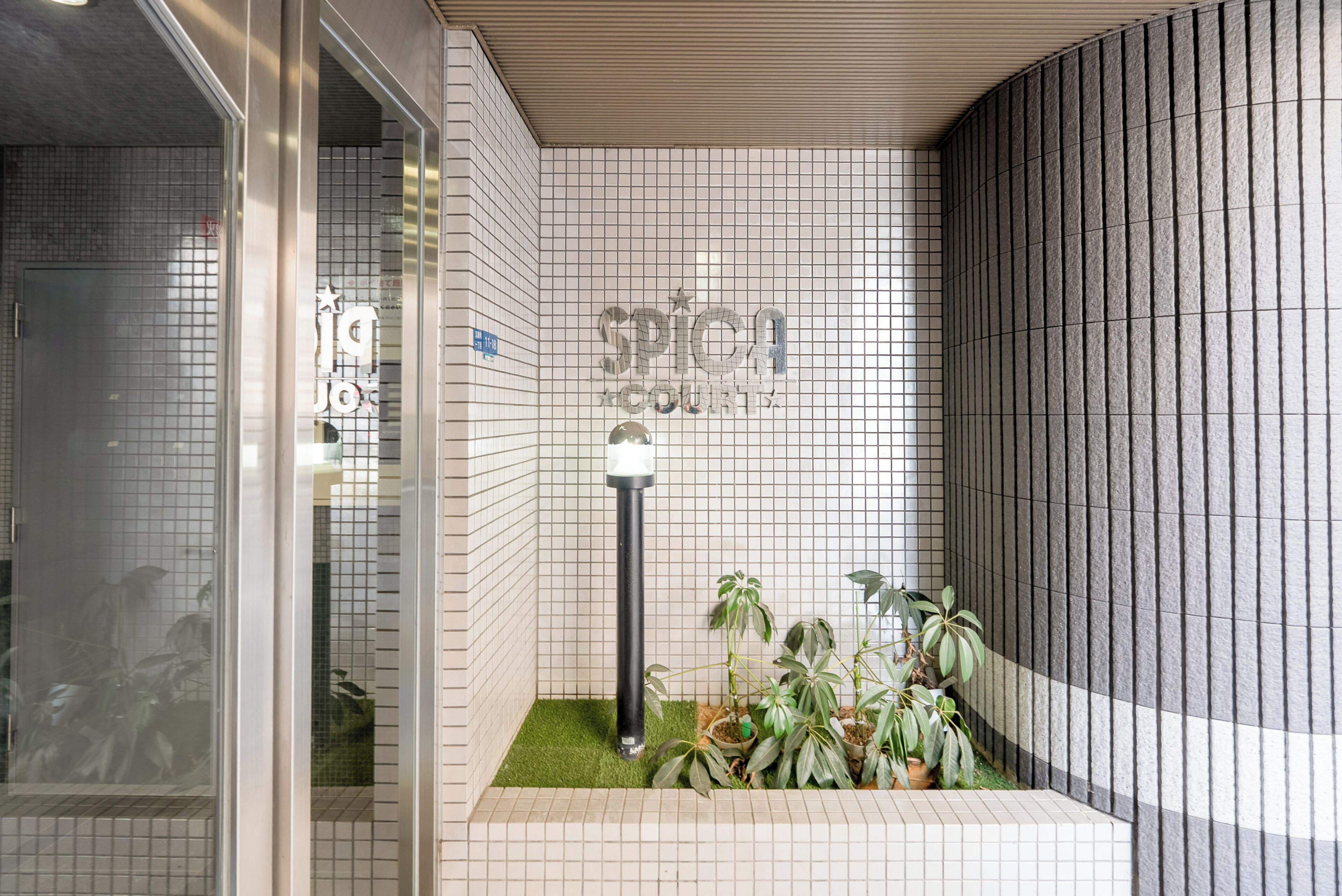 A tiled wall with the word 'spice' in large letters, a potted plant, and a light fixture.