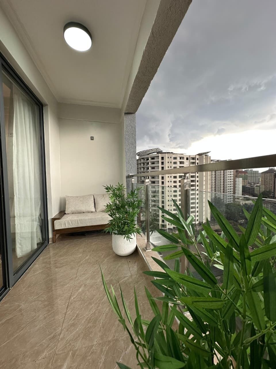 A balcony with a sofa, potted plants, and a view of high-rise buildings.
