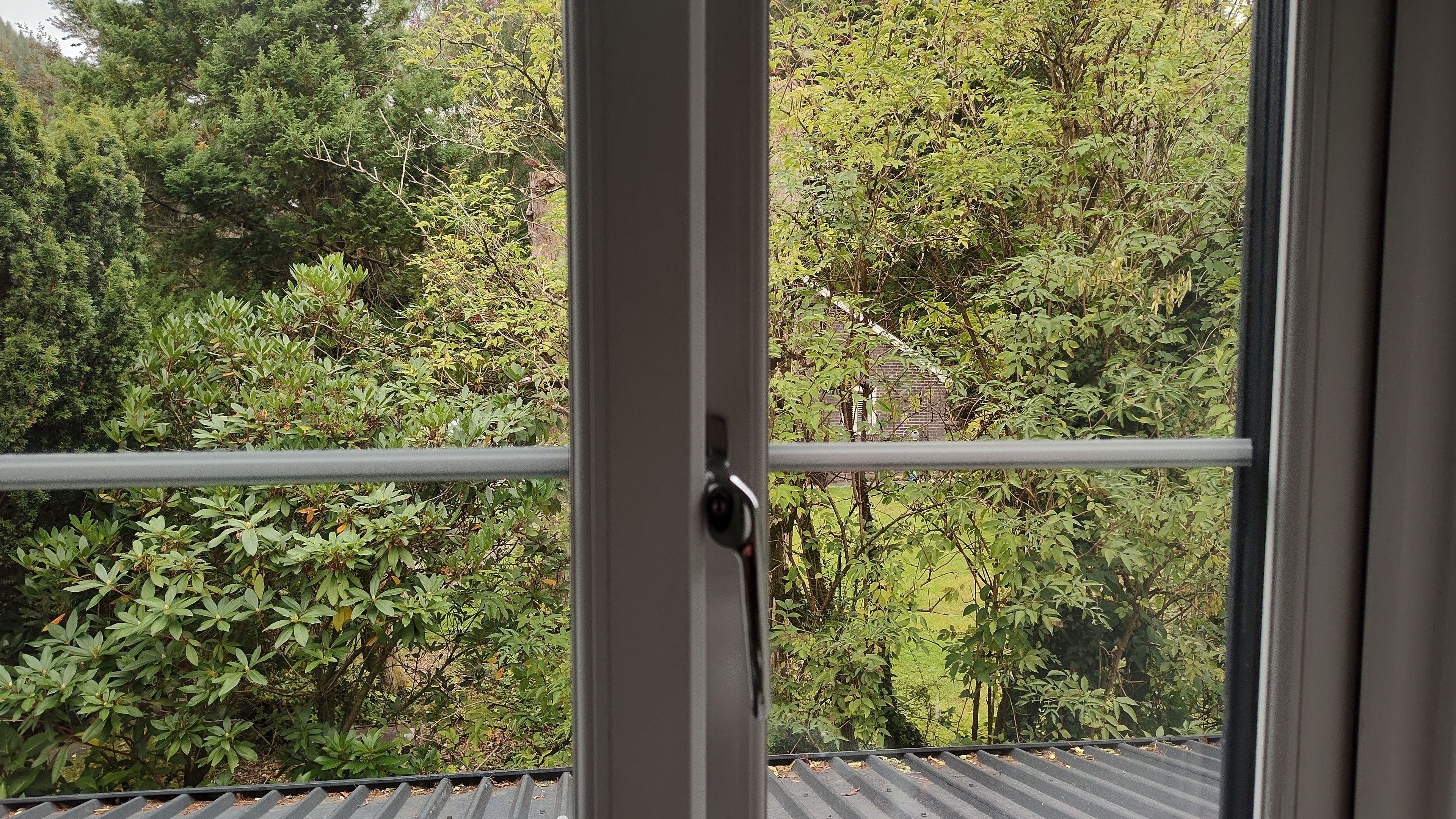 Una ventana con vista a frondoso follaje verde y un edificio de ladrillo al fondo.
