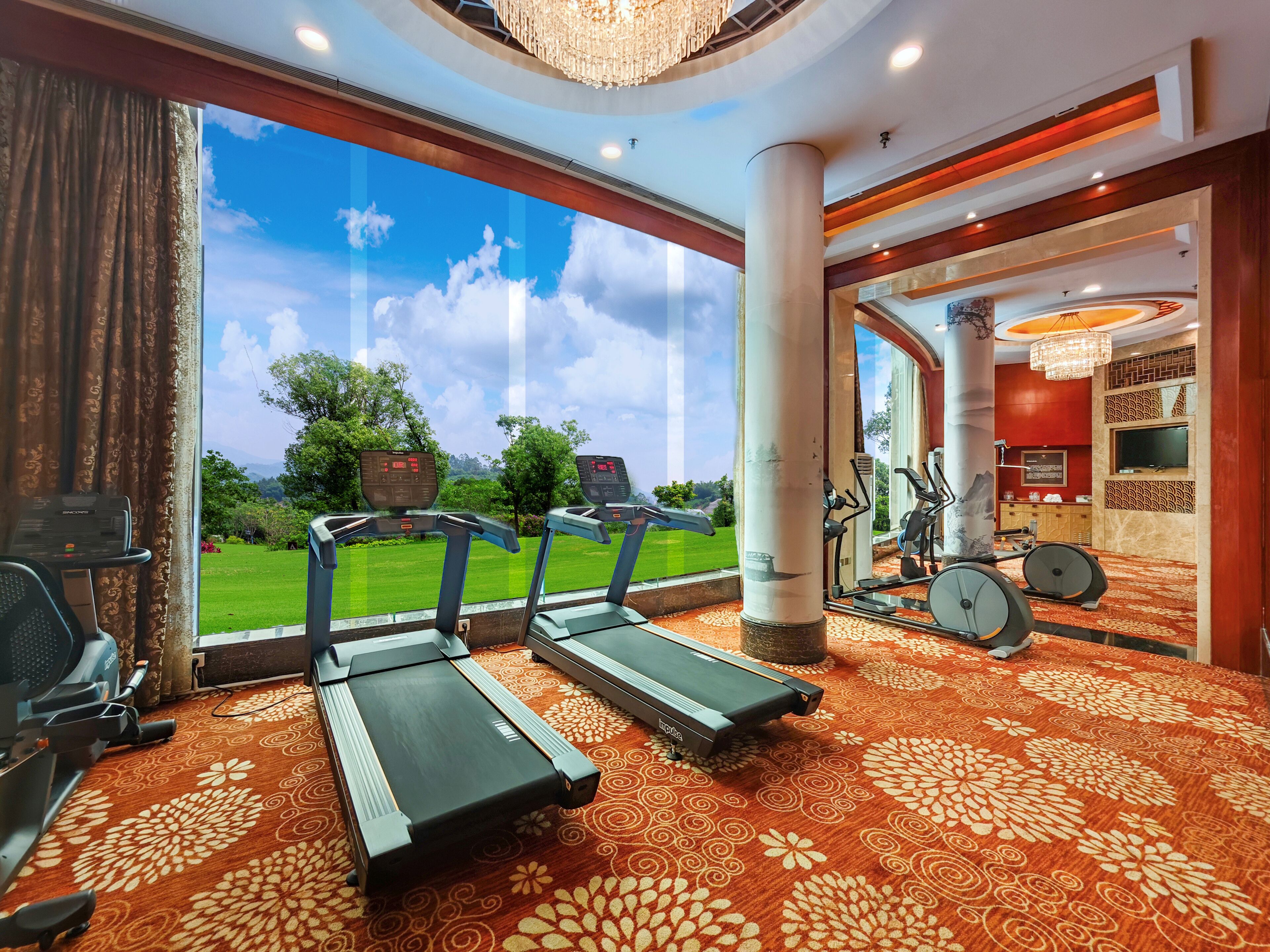 A hotel gym with treadmills, exercise equipment, and a large window offering a view of a green landscape.