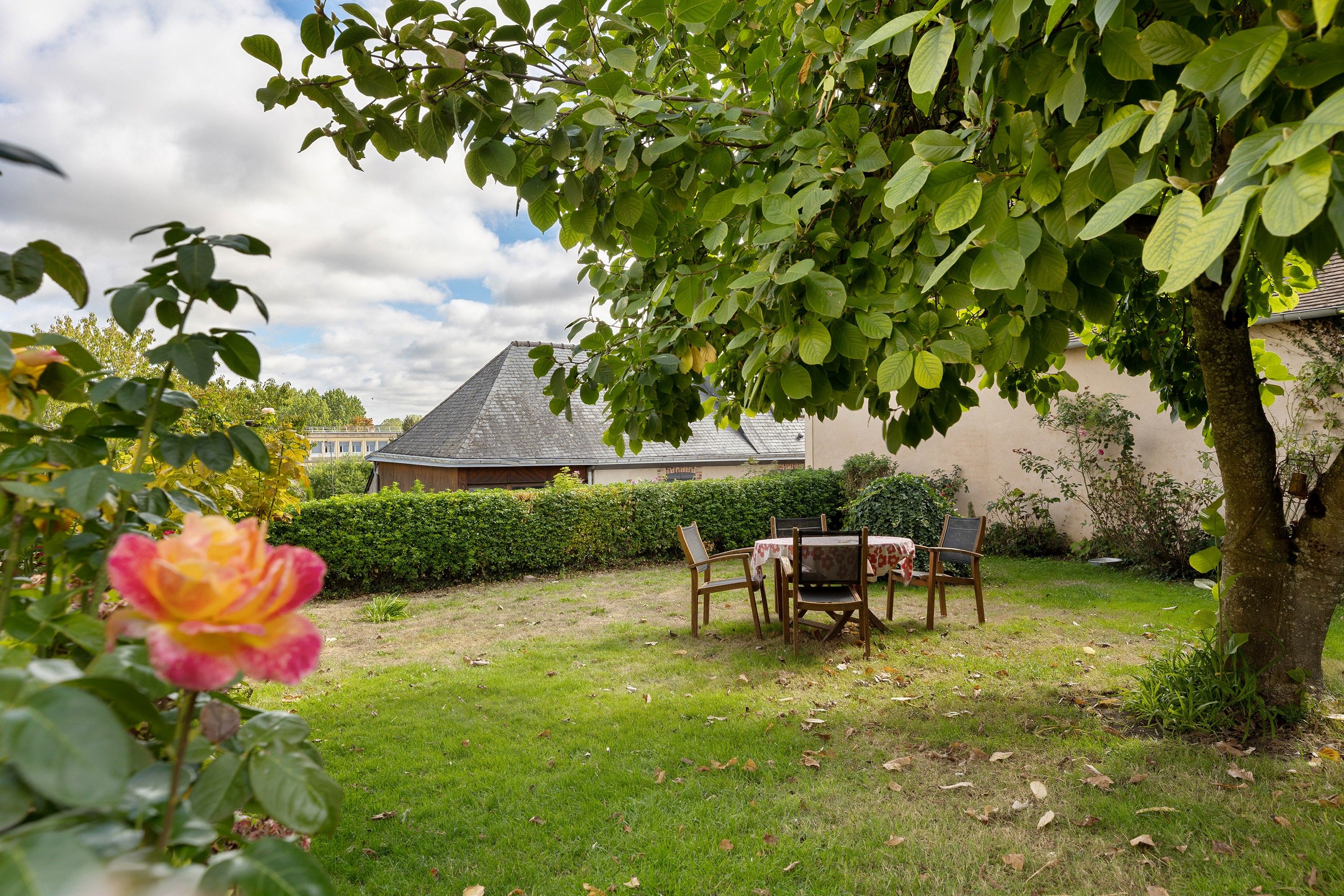 Un jardin avec une table et des chaises, un arbre et un bâtiment en arrière-plan.