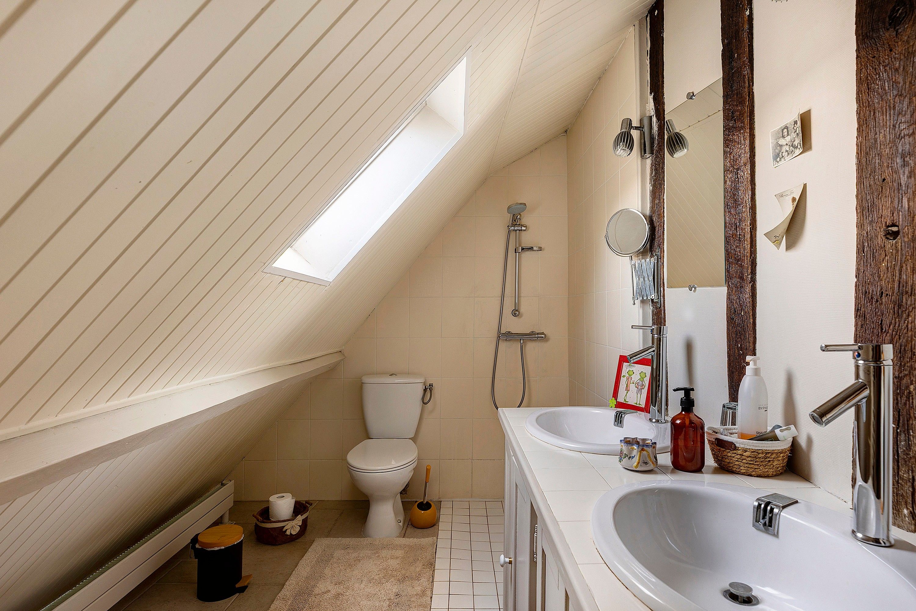 Une salle de bain avec un puits de lumière, une douche, des toilettes et un lavabo avec un miroir.