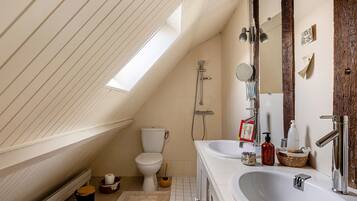 Une salle de bain avec un puits de lumière, une douche, des toilettes et un lavabo avec un miroir.