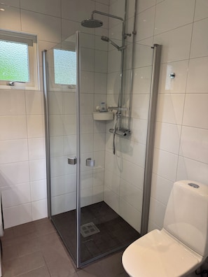 A modern bathroom with a glass-enclosed shower, a white toilet, and a window providing natural light.