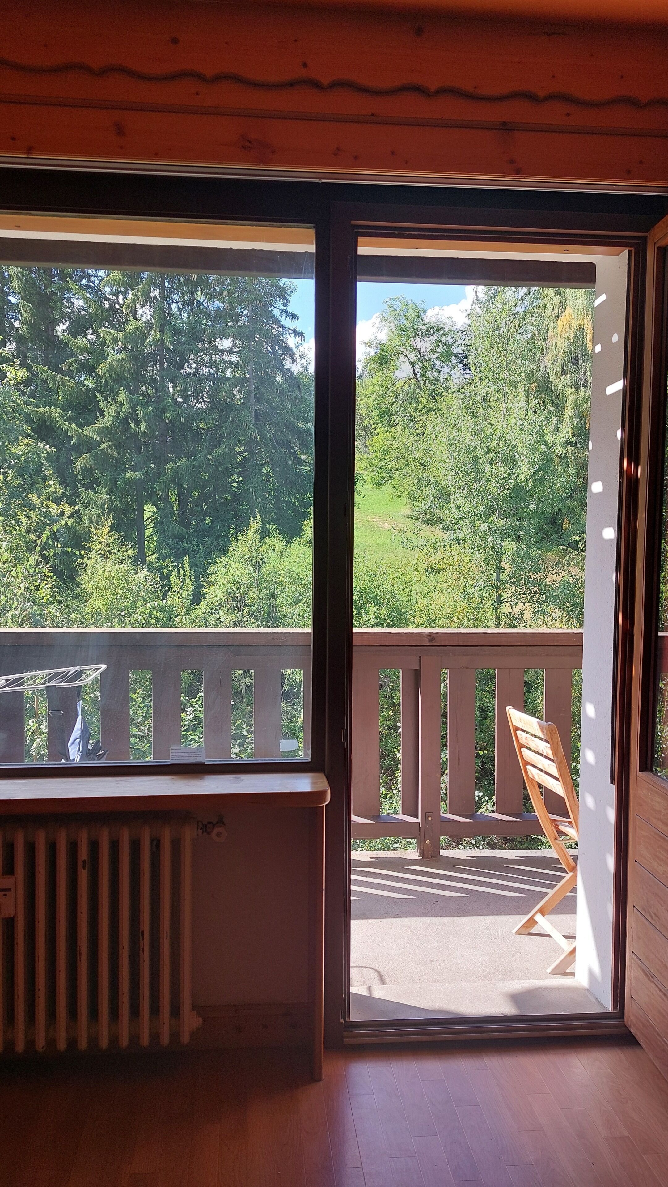 A room with a wooden floor, a bench, and a view of a green landscape through a glass door.