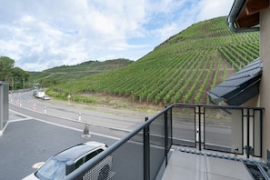 A balcony with a view of a vineyard and a road with vehicles.