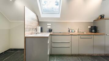 Una cucina moderna con finestra a lucernario, elettrodomestici integrati e un piano di lavoro in legno.