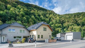 A residential area with two houses, a paved road, and a forested hillside.