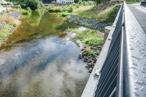 A river with clear water, surrounded by greenery and a concrete barrier.