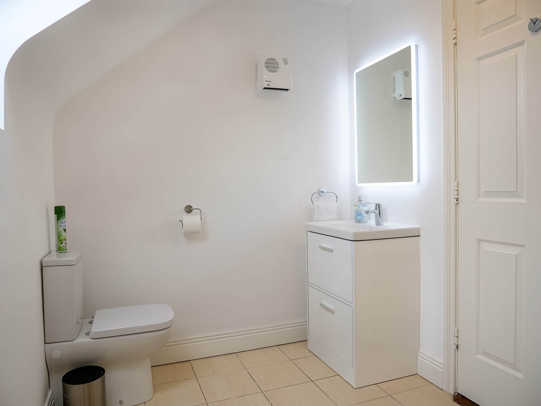 A bathroom with a toilet, a sink, a mirror, and a trash bin.