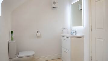 A bathroom with a toilet, a sink, a mirror, and a trash bin.