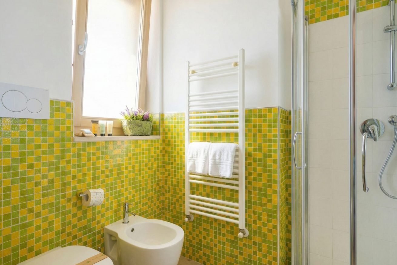 Shower, towels, shampoo, toilet paper