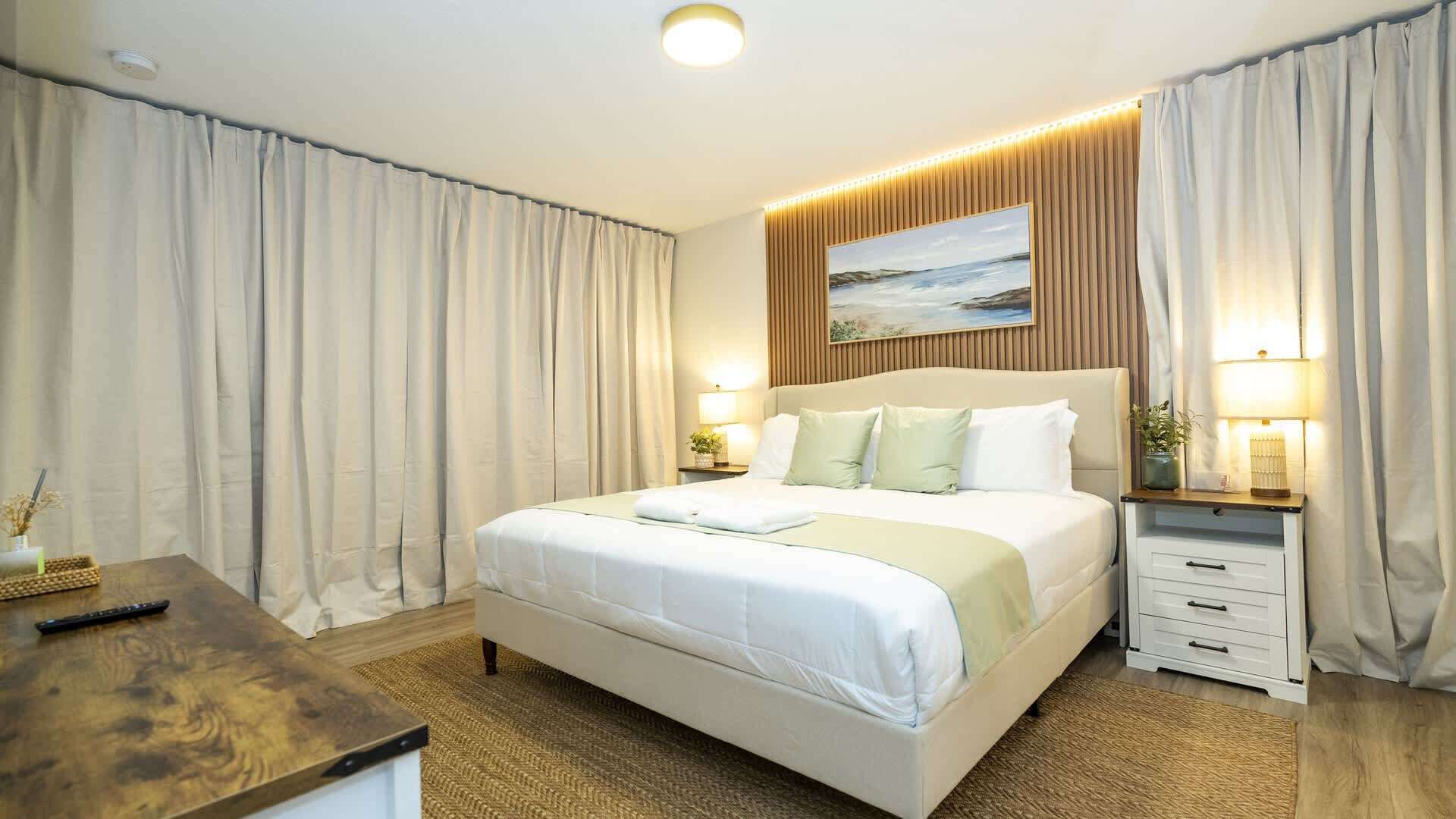 Habitación de hotel con una cama grande, una mesita de noche con una lámpara, otra mesita de noche con una planta y un cuadro en la pared.