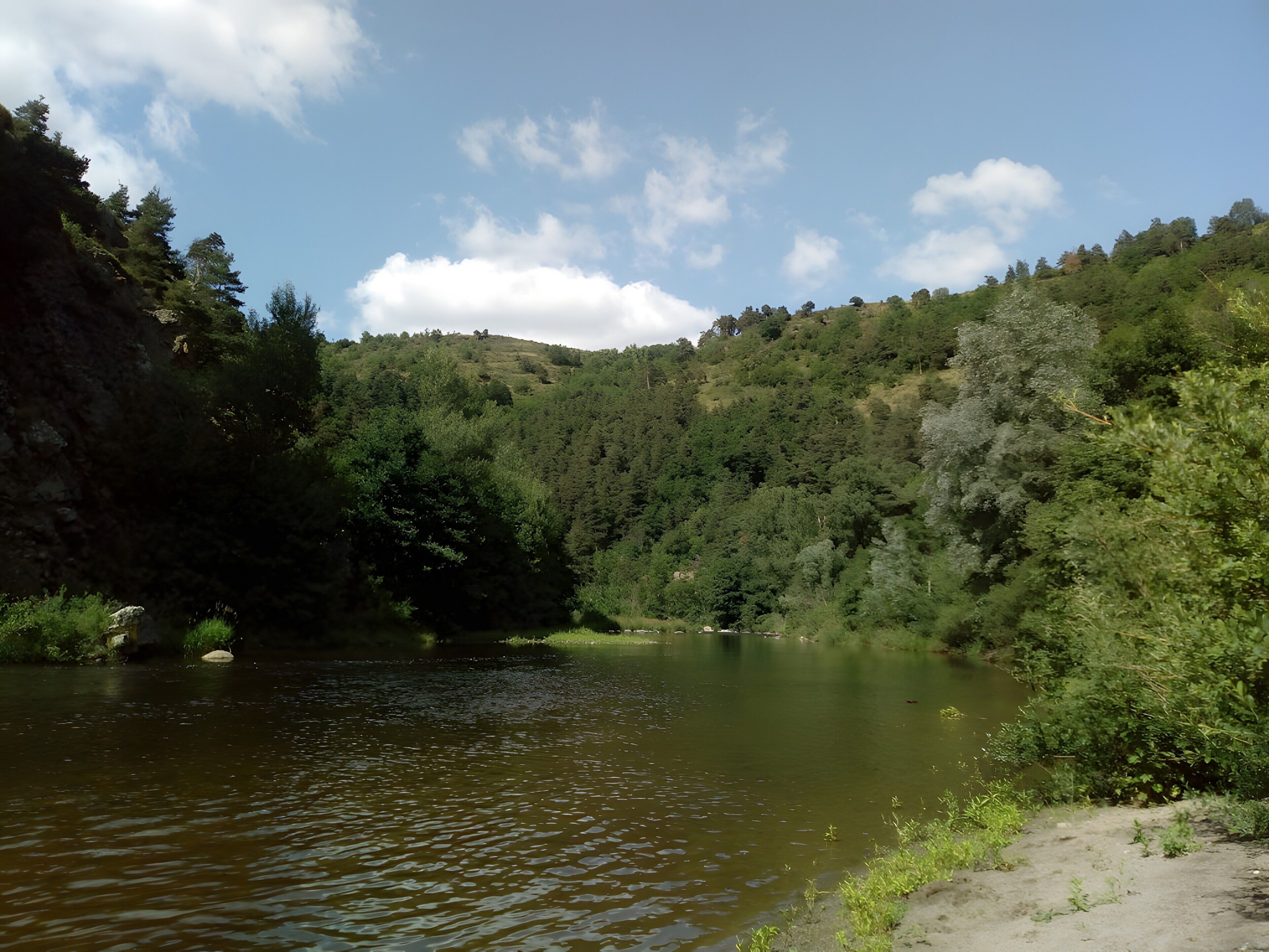 Une rivière qui traverse une zone boisée, avec des collines en arrière-plan.