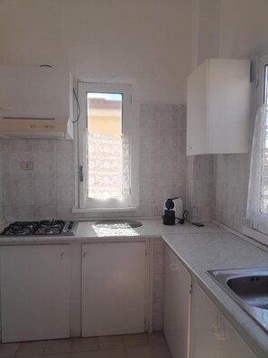 Eine Küche mit Gasherd, Spüle und einem Fenster mit Blick.
