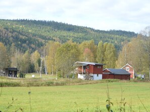 A rural landscape with a red barn, a small wooden structure, and a forested hill in the background. - 4 Star Holiday Home in Stollet (Stöllet)