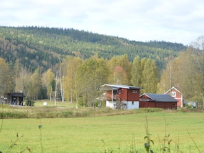 A rural landscape with a red barn and a small wooden structure, surrounded by a green field and a forested hill. - 4 Star Holiday Home in Stollet (Stöllet)