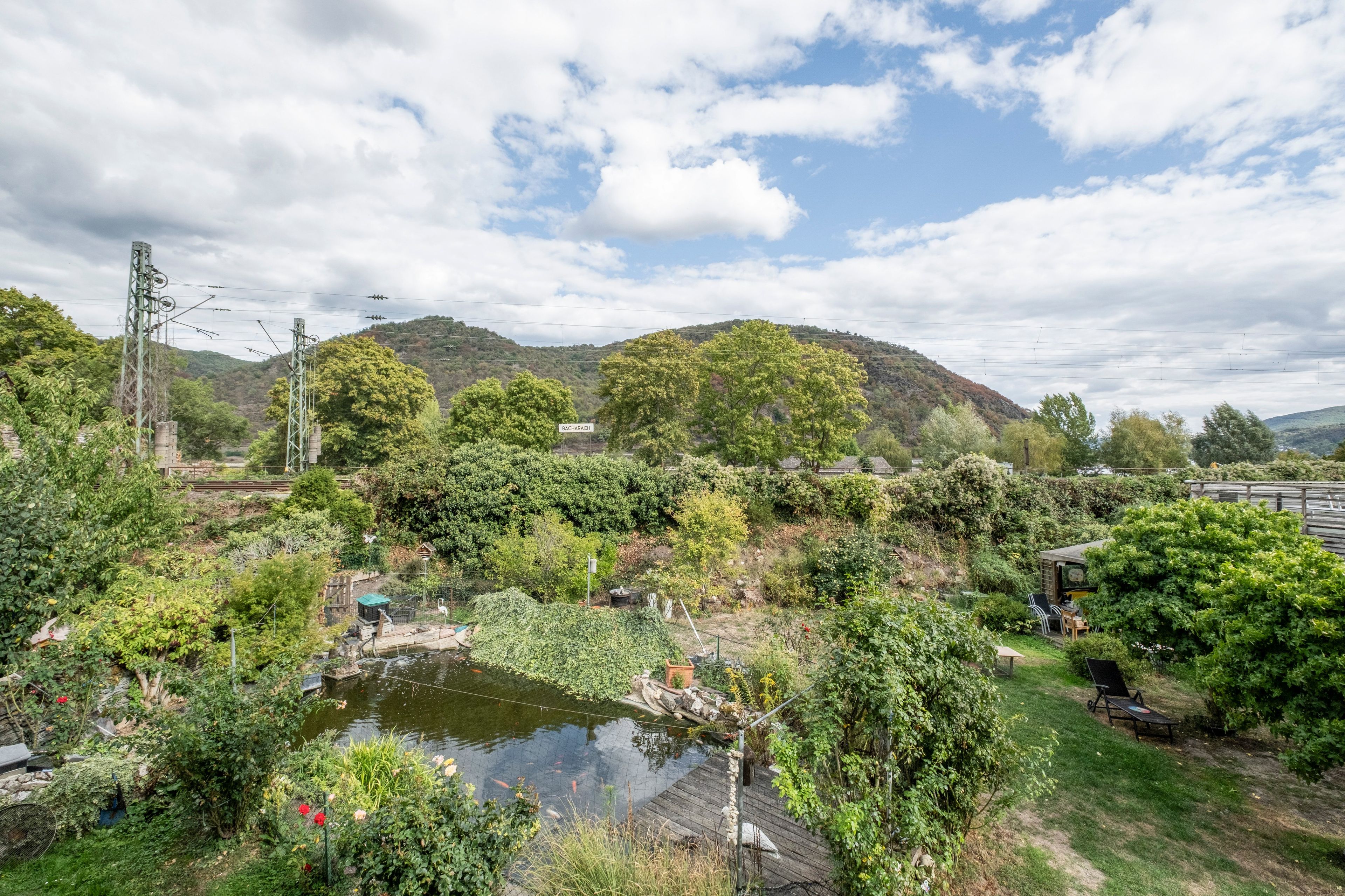 Ein Garten mit Teich, Bäumen und einer sanften Hügelkulisse.