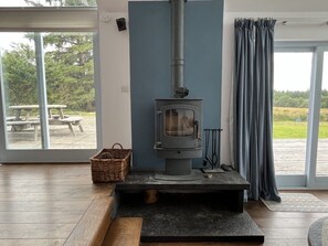A room with a wood-burning stove, a large window, and a view of the outdoors.