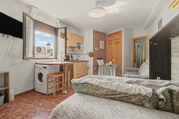 A compact bedroom with a washing machine, a small kitchen area, a bed, and a bathroom.