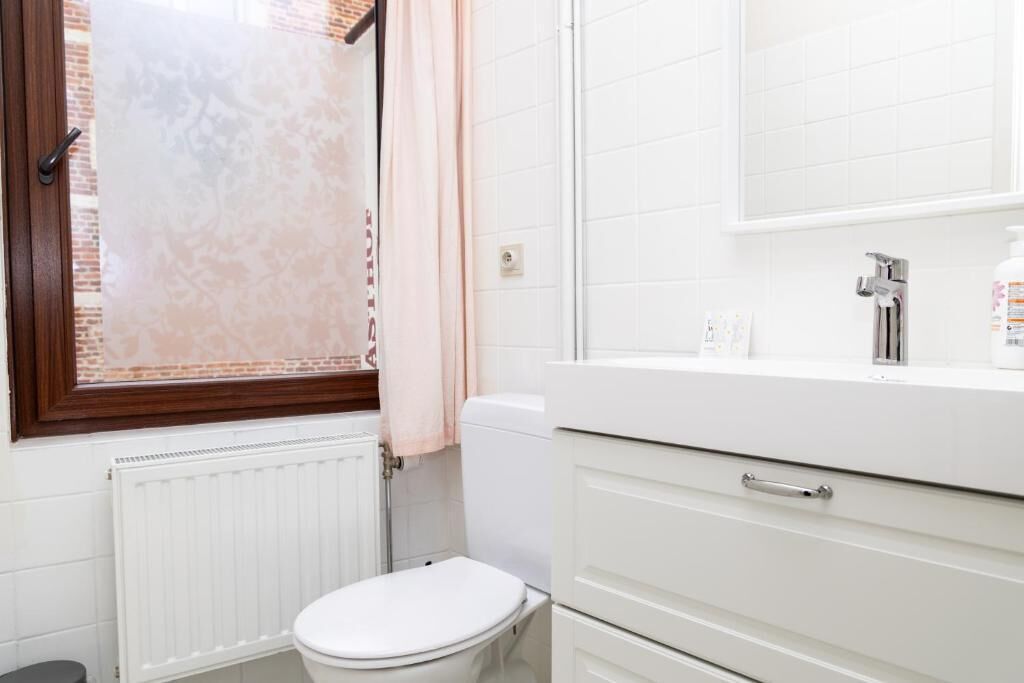 A bathroom with a toilet, a white sink, and a mirror.