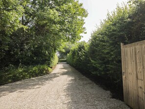 A gravel path flanked by dense foliage and a wooden fence. - The Paddocks (Chippenham)