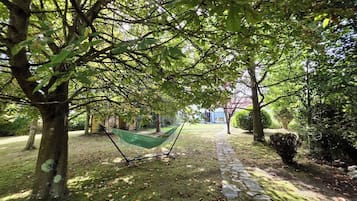Una hamaca bajo un árbol en un jardín con un sendero de piedra.