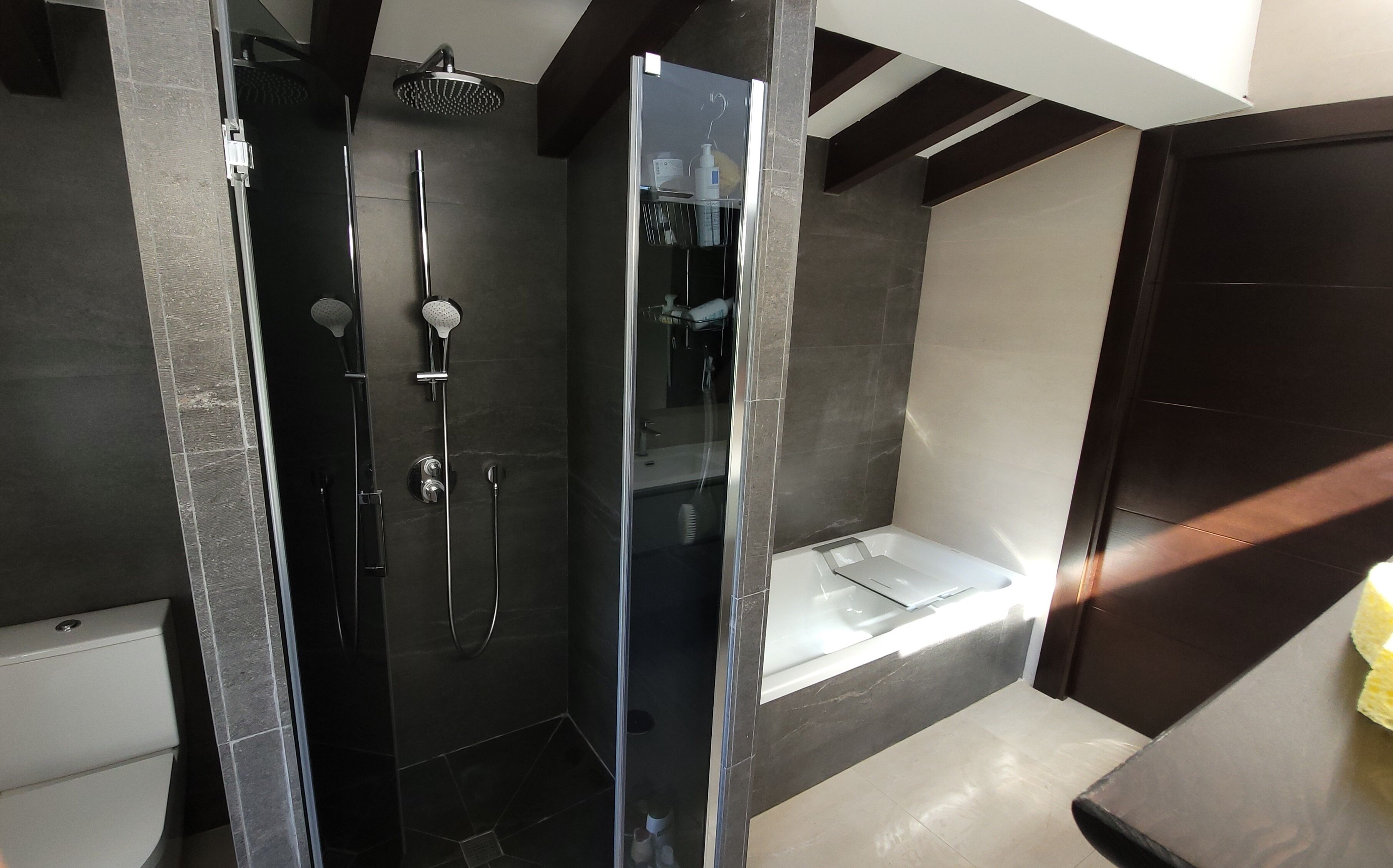 A modern bathroom with a glass-enclosed shower, a bathtub, and a toilet.