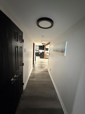 Un pasillo con una puerta oscura a la izquierda, una pared de color claro y una lámpara en el techo.