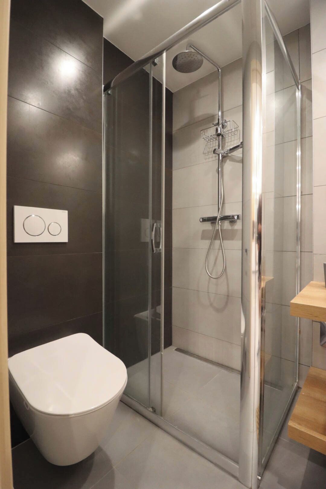 A modern bathroom with a glass-enclosed shower, a toilet, and a wooden vanity.