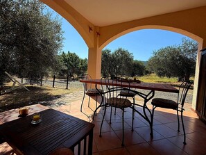 An outdoor patio with a table and chairs, olive trees in the background, and a clear sky.