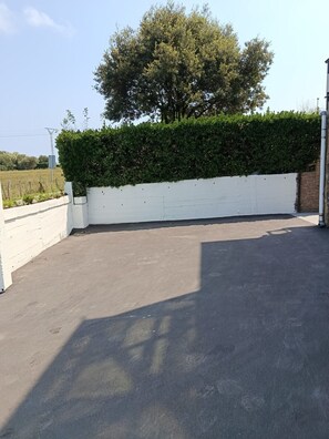 A paved area with a white wall and a hedge. - Atalaya 4001 Ground-Floor Apartment (Arnuero)