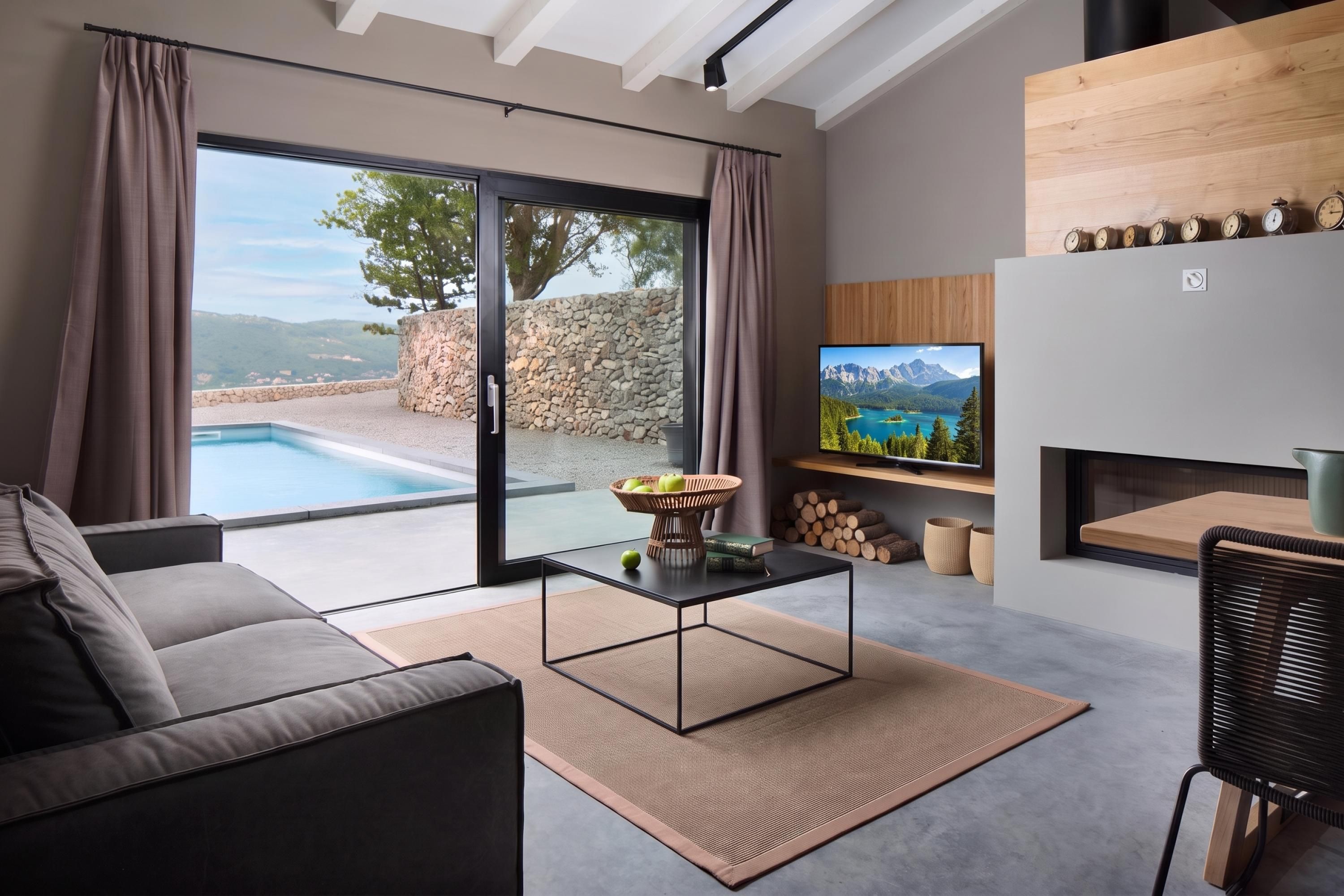 A modern living room with a sofa, a coffee table, and a television. There is a fireplace and a stone wall visible through the glass doors.
