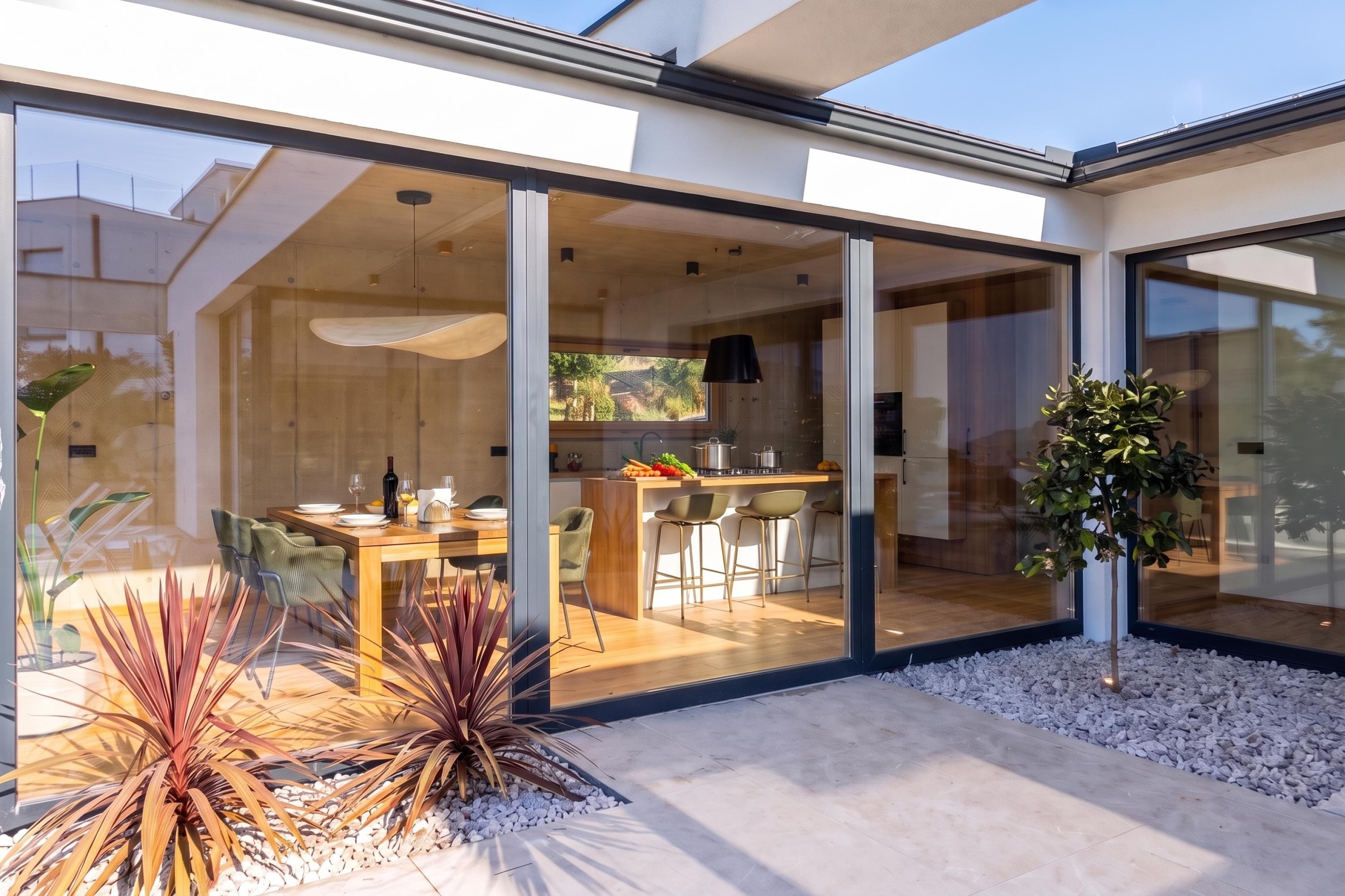 A modern house with a glass-enclosed dining area, a kitchen, and a small garden with plants.