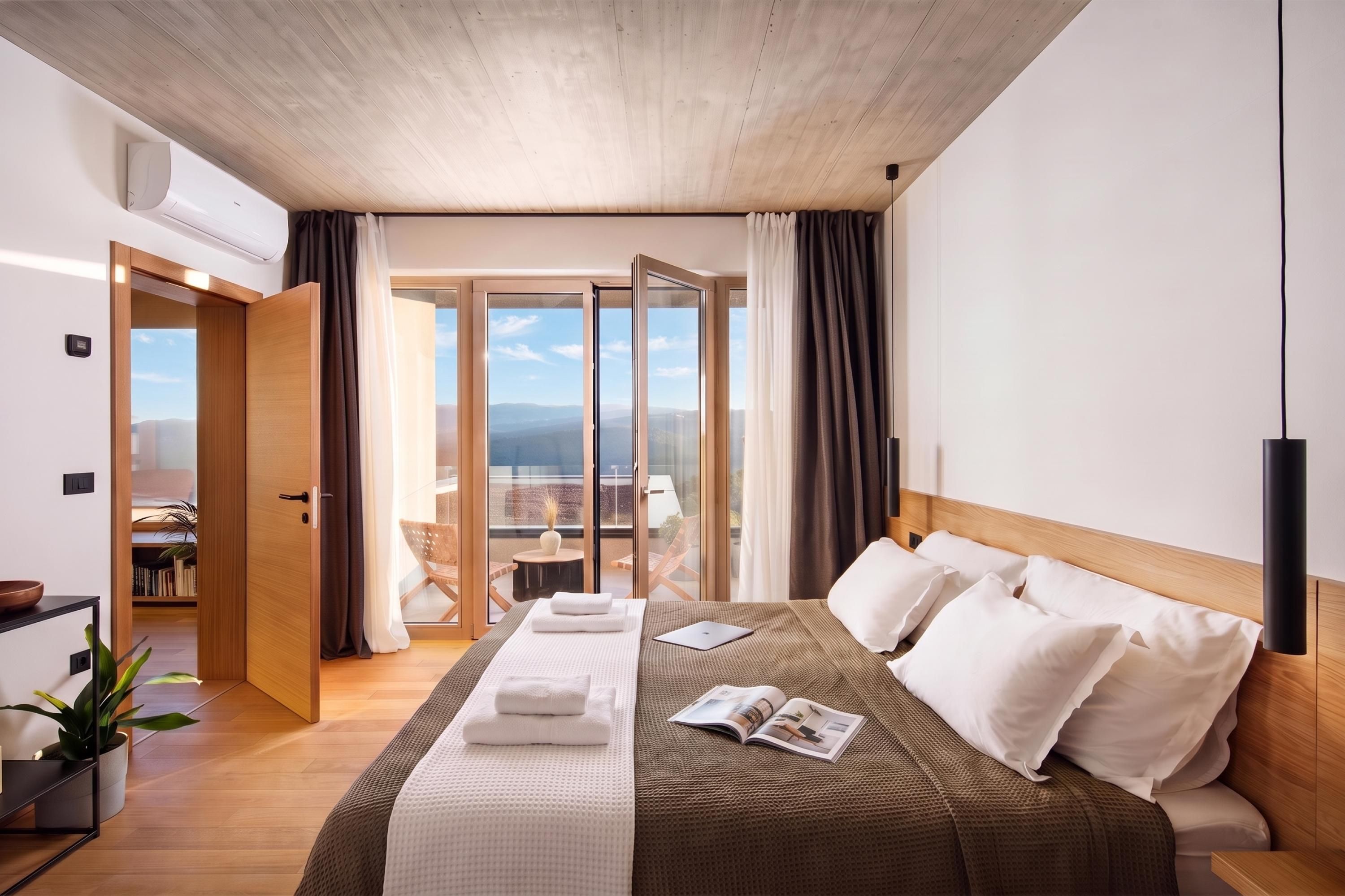 Ett hotellrum med en säng, en läshörna och en balkong med utsikt.