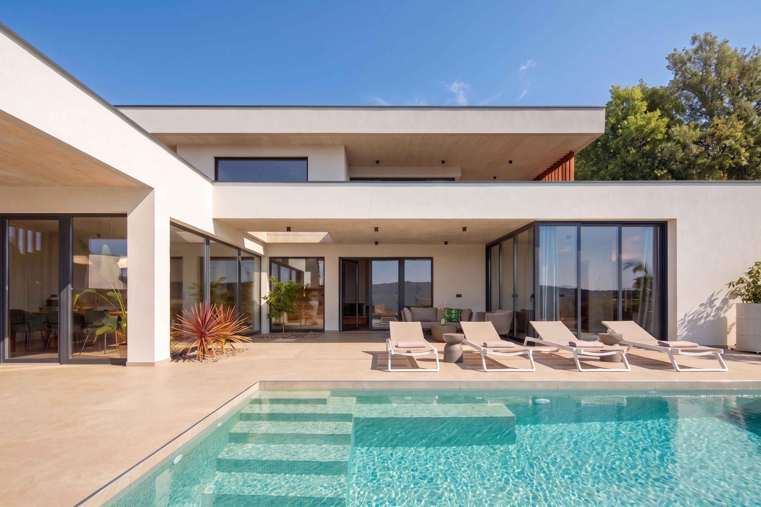 Una casa moderna amb piscina, gandules i zona de terrassa.